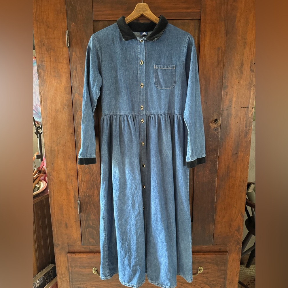 Vintage Hang Ten XL Button-Front Denim Maxi Dress with Velvet Collar